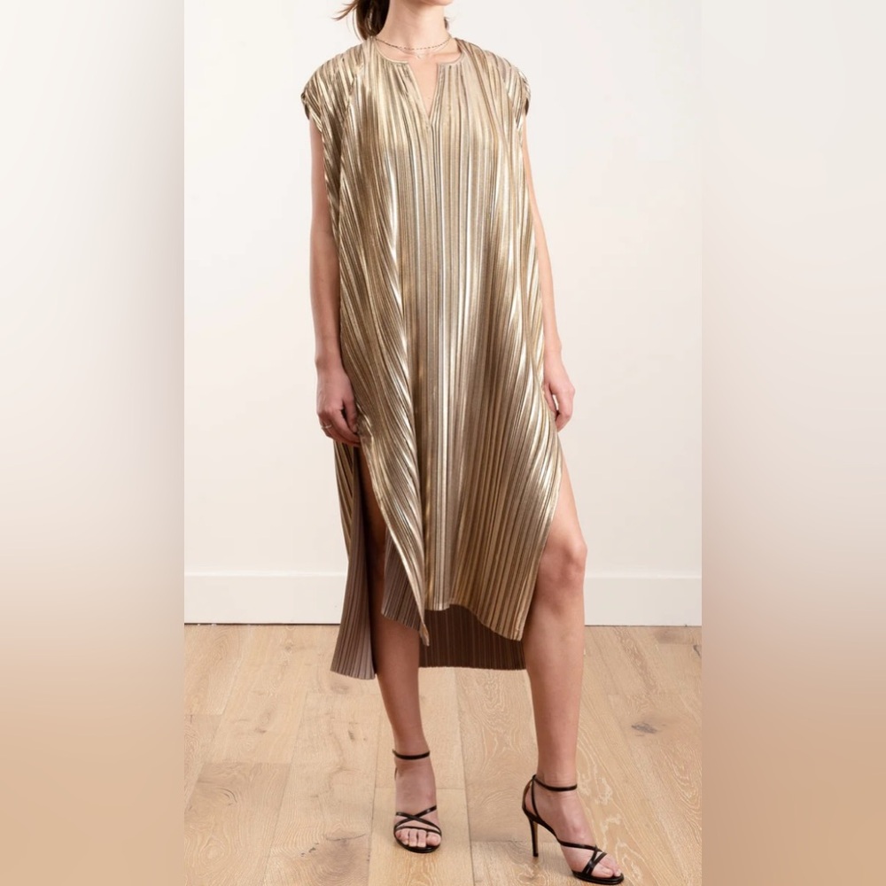 Zero + Maria Cornejo Gold Pleated caftan with side Slits